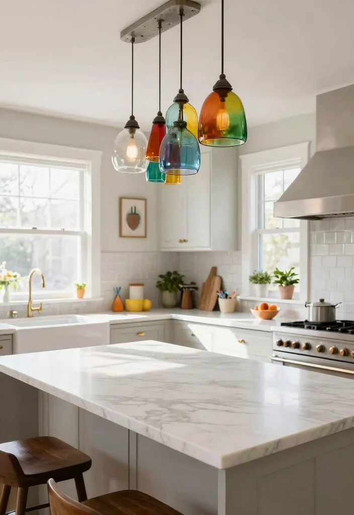 18 Lighting Over Kitchen Island Ideas That Make a Statement 12 18 Lighting Over Kitchen Island Ideas That Make a Statement - 12. Colorful Glass Shades 1