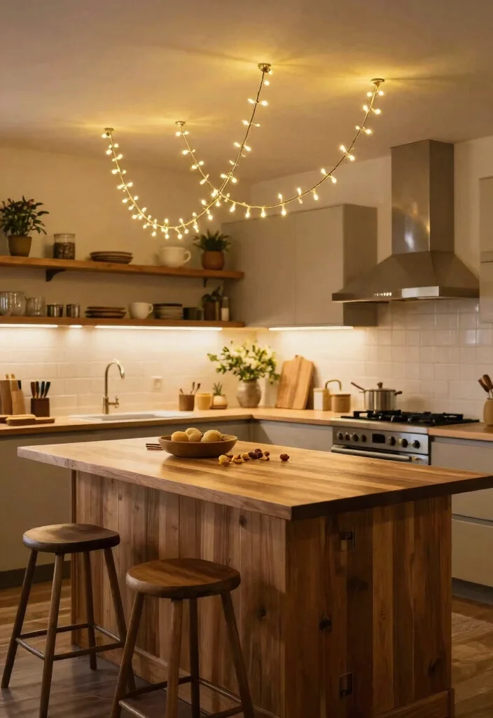 18 Lighting Over Kitchen Island Ideas That Make a Statement 15 18 Lighting Over Kitchen Island Ideas That Make a Statement - 15. Artful String Lights 1