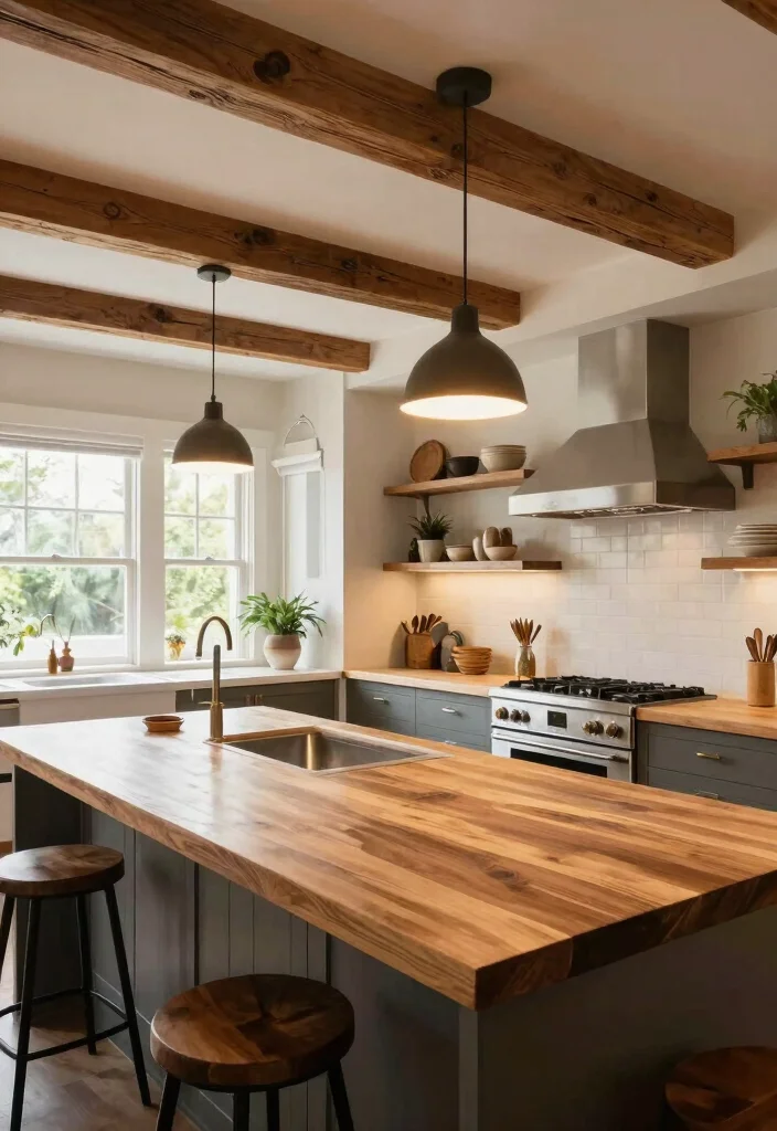 18 Lighting Over Kitchen Island Ideas That Make a Statement 5 18 Lighting Over Kitchen Island Ideas That Make a Statement - 5. Rustic Wooden Beams with Integrated Lighting 1