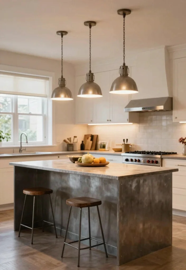 18 Metal Kitchen Island Ideas With Industrial Edge - 10. Statement Lighting Above 1