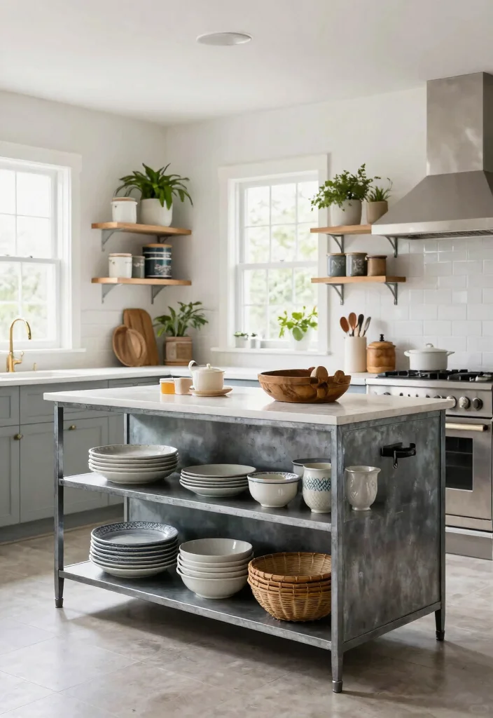 18 Metal Kitchen Island Ideas With Industrial Edge - 9. Open Shelving Charm 1