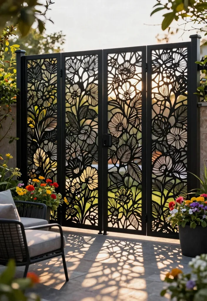 12 Black Metal Fence Ideas That Look High-End - 3. Artistic Laser-Cut Designs 1