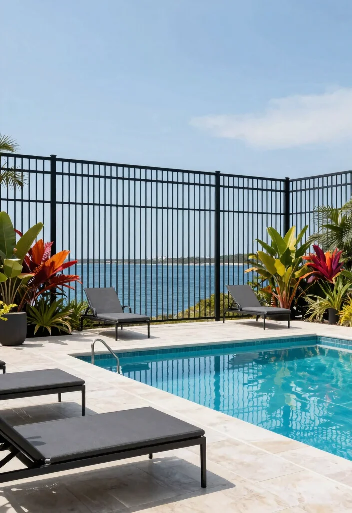 12 Black Metal Fence Ideas That Look High-End - 5. Poolside Black Metal Fencing 1