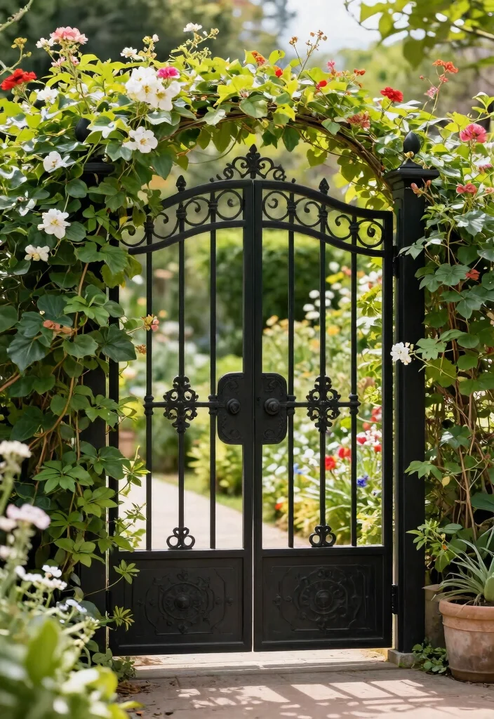 12 Black Metal Fence Ideas That Look High-End - 6. Decorative Garden Gate 1