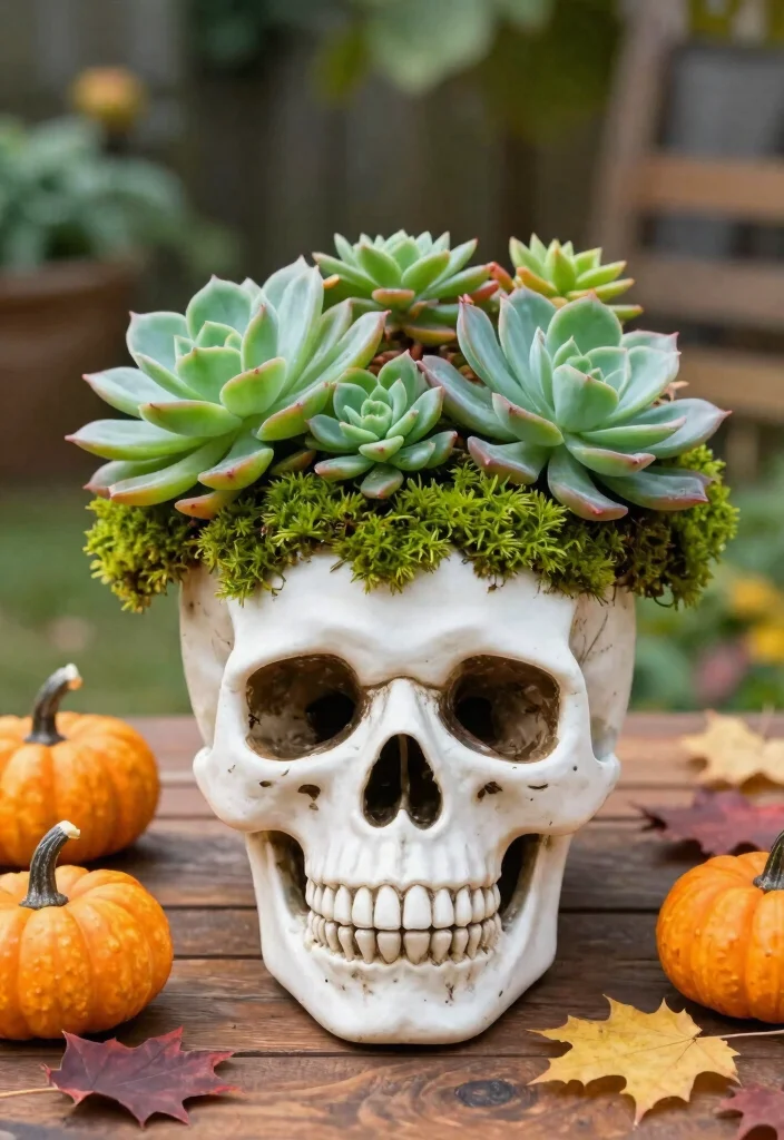 12 Halloween Planter Ideas That Look Spooky Without Buying New Pots - 1. The Haunted Skull Planter 1