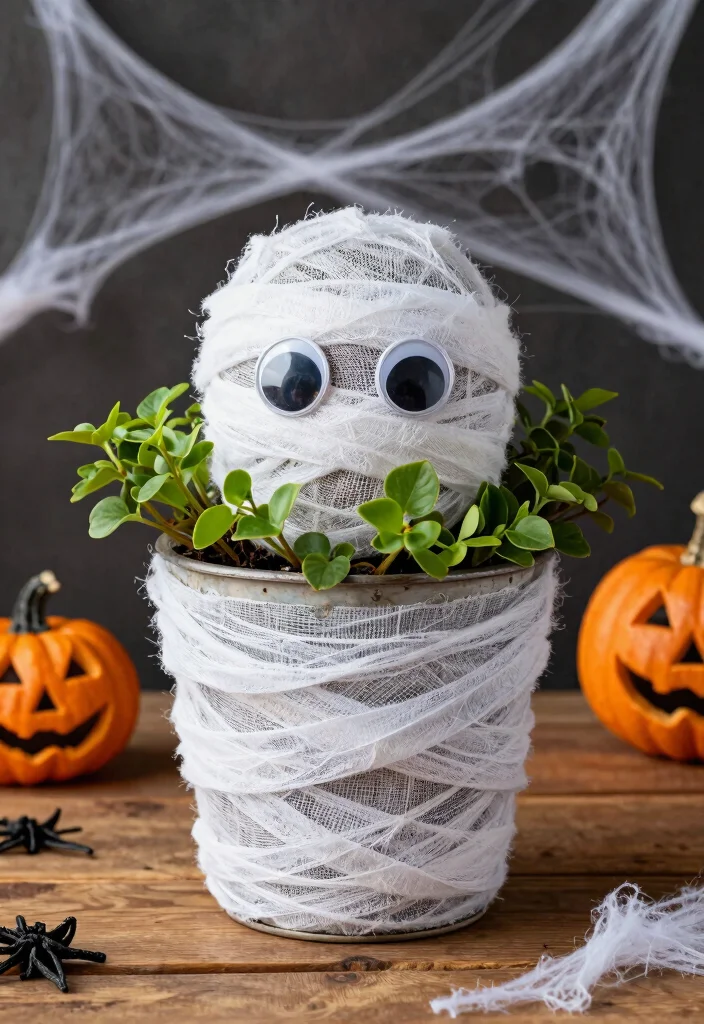 12 Halloween Planter Ideas That Look Spooky Without Buying New Pots - 7. The Mummy Planter 1