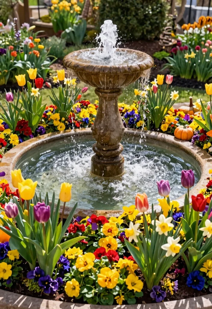12 Solar Fountain Planter Ideas That Run Without Buried Lines or Outlets - 12. Seasonal Flower Fountain 1