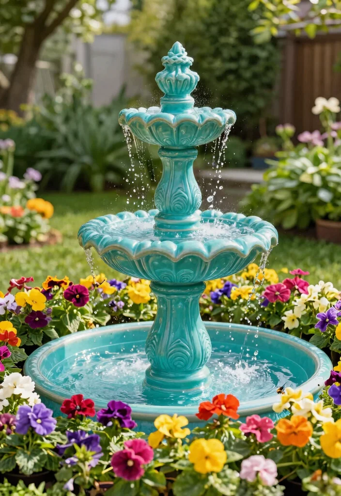 12 Solar Fountain Planter Ideas That Run Without Buried Lines or Outlets - 6. Colorful Ceramic Bliss 1