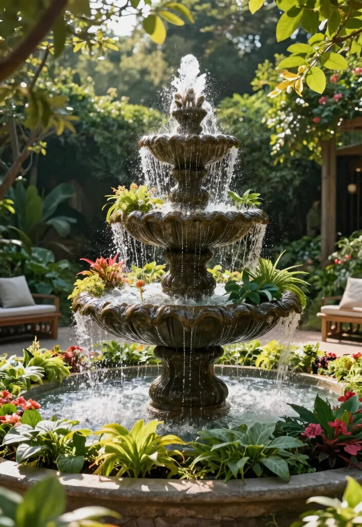 12 Solar Fountain Planter Ideas That Run Without Buried Lines or Outlets - 8. Multi-Tiered Fountain Delight 1