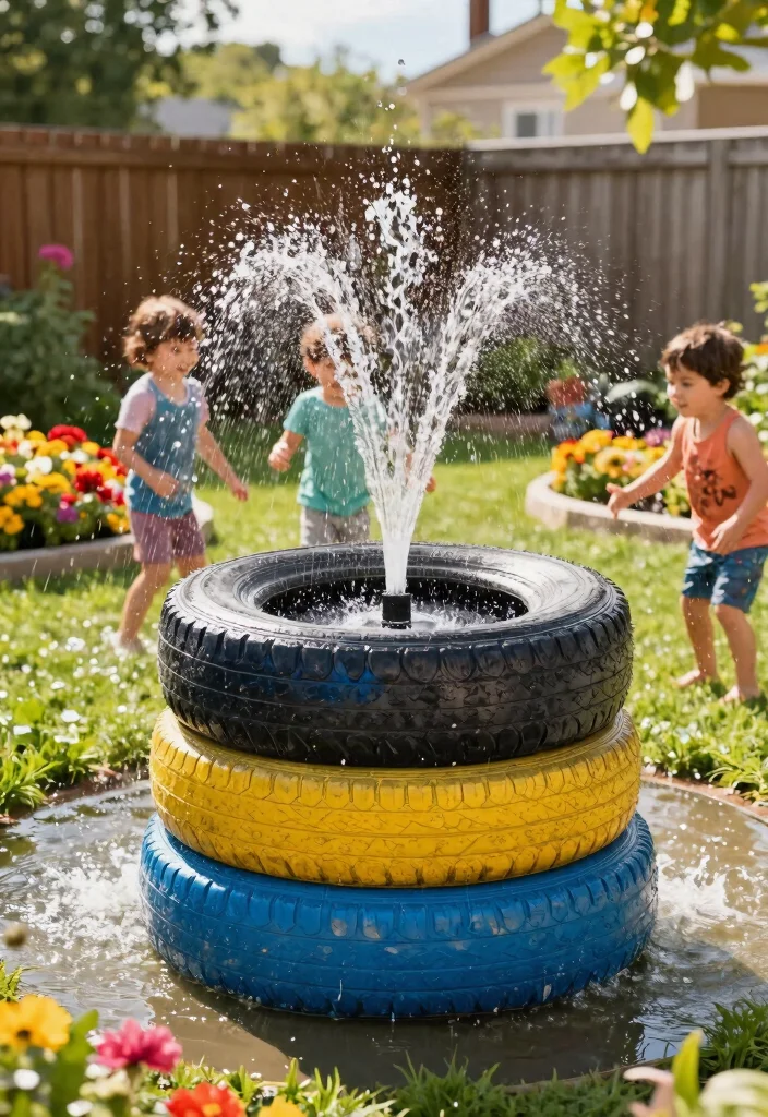 12 Splash Pad Backyard Ideas That Don't Flood the Grass - 1. Recycled Tire Splash Pad 1