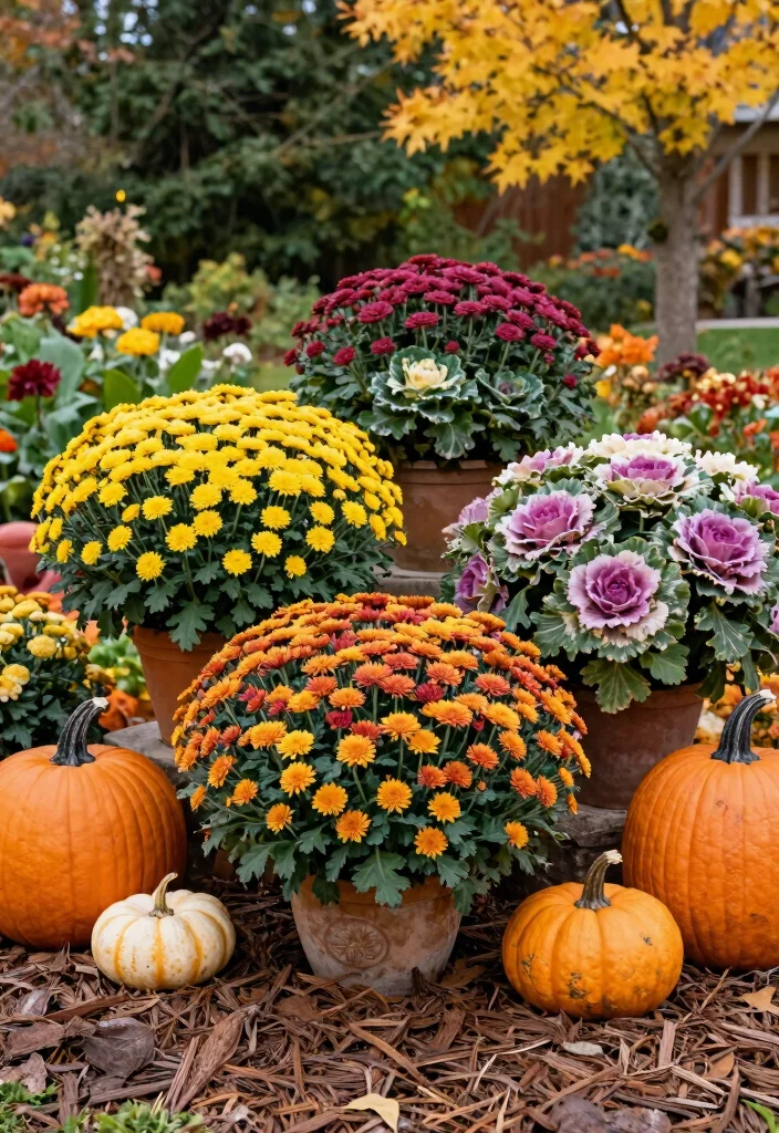 12 Thanksgiving Decorations for Outdoors That Survive Wind and Rain - 11. Colorful Mums and Cabbage Plants 1