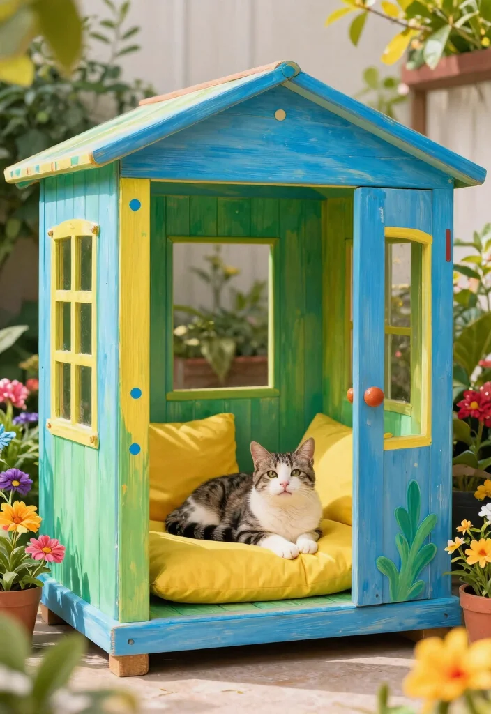 14 Cat Patio Enclosure Ideas That Keep Indoor Cats Safe Outside - 11. Bright and Colorful Cat Catio 1