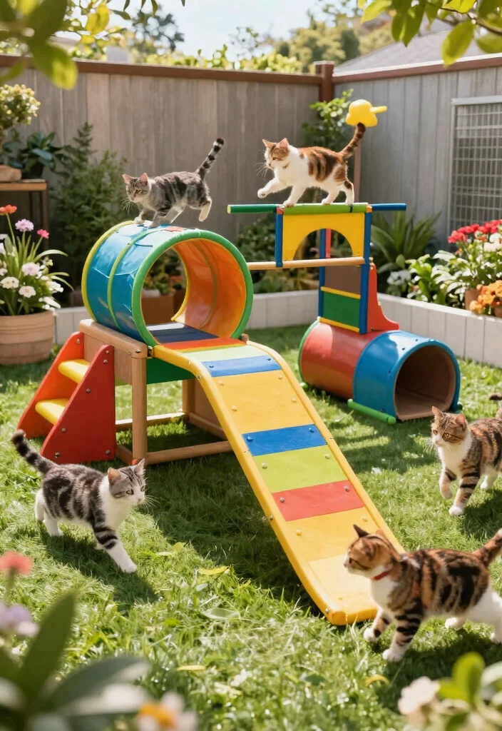 14 Cat Patio Enclosure Ideas That Keep Indoor Cats Safe Outside - 9. Playful Cat Catio with Agility Course 1