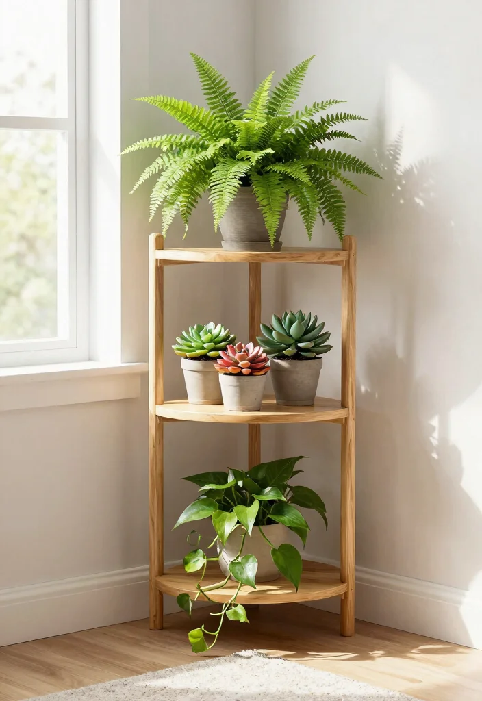 14 Corner Plant Stand Ideas That Fill Dead Space in Tight Rooms - 1. Multi-Tiered Corner Stand 1