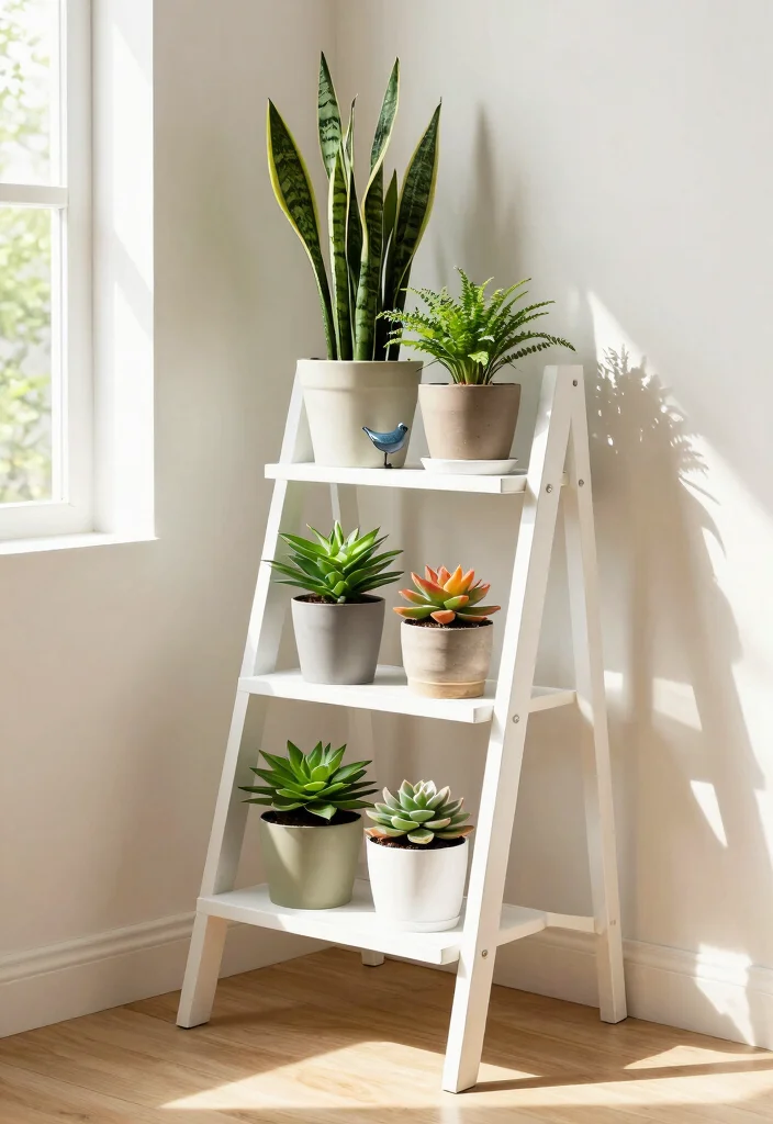14 Corner Plant Stand Ideas That Fill Dead Space in Tight Rooms - 10. Ladder Shelf with Pots 1
