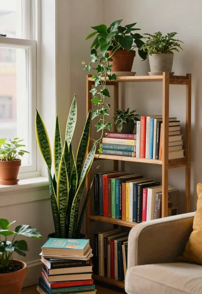 14 Corner Plant Stand Ideas That Fill Dead Space in Tight Rooms - 11. Corner Bookshelf Plant Display 1