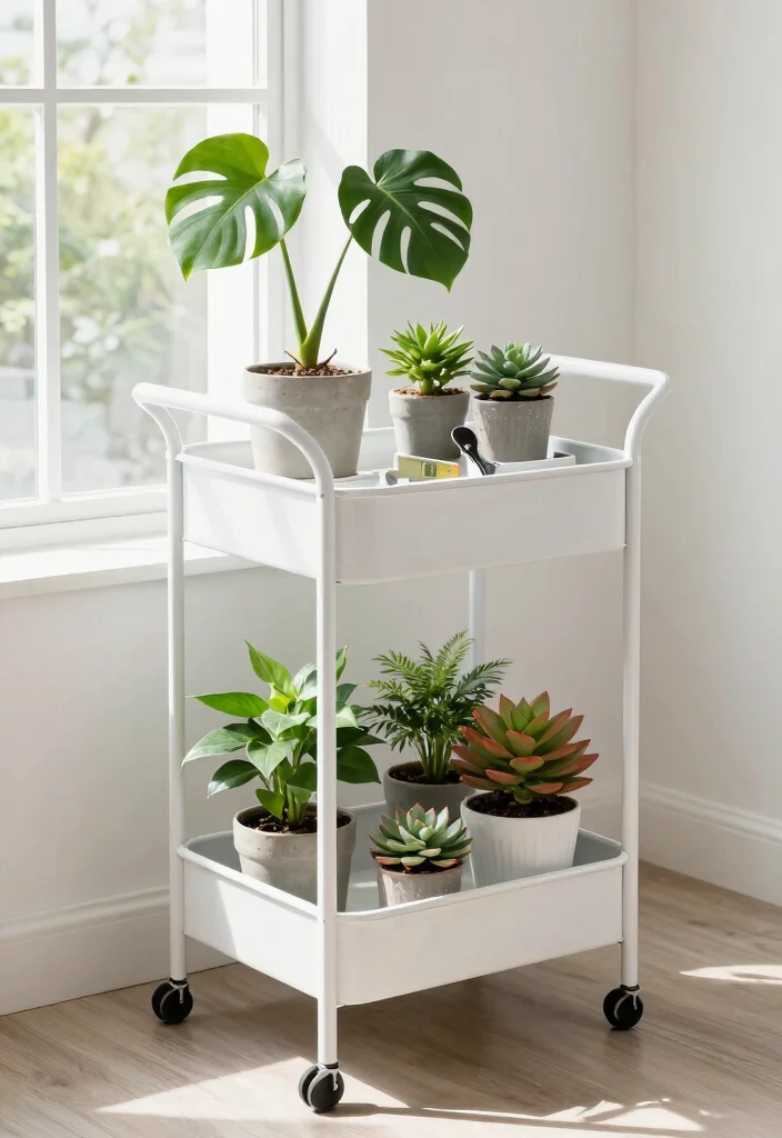 14 Corner Plant Stand Ideas That Fill Dead Space in Tight Rooms - 14. Minimalist Corner Plant Cart 1