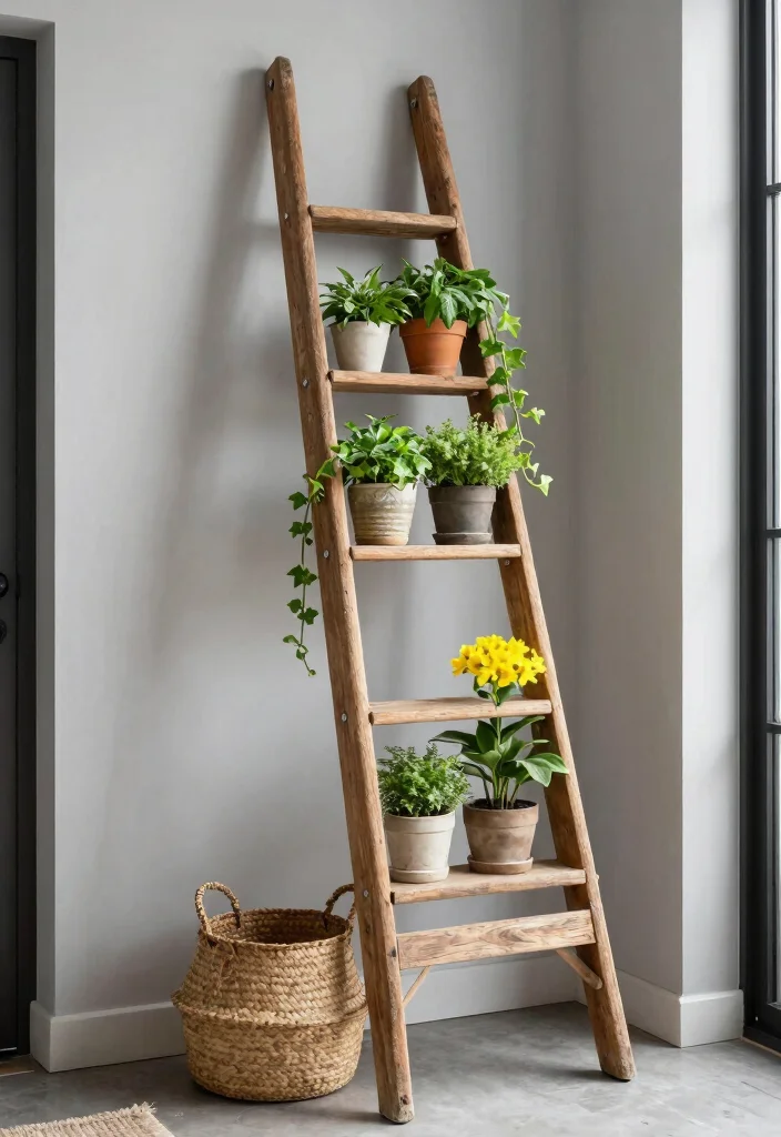 14 Corner Plant Stand Ideas That Fill Dead Space in Tight Rooms - 2. Vintage Ladder Shelf 1