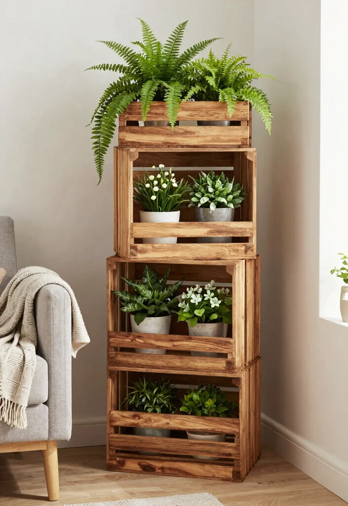 14 Corner Plant Stand Ideas That Fill Dead Space in Tight Rooms - 5. DIY Wooden Crate Stand 1
