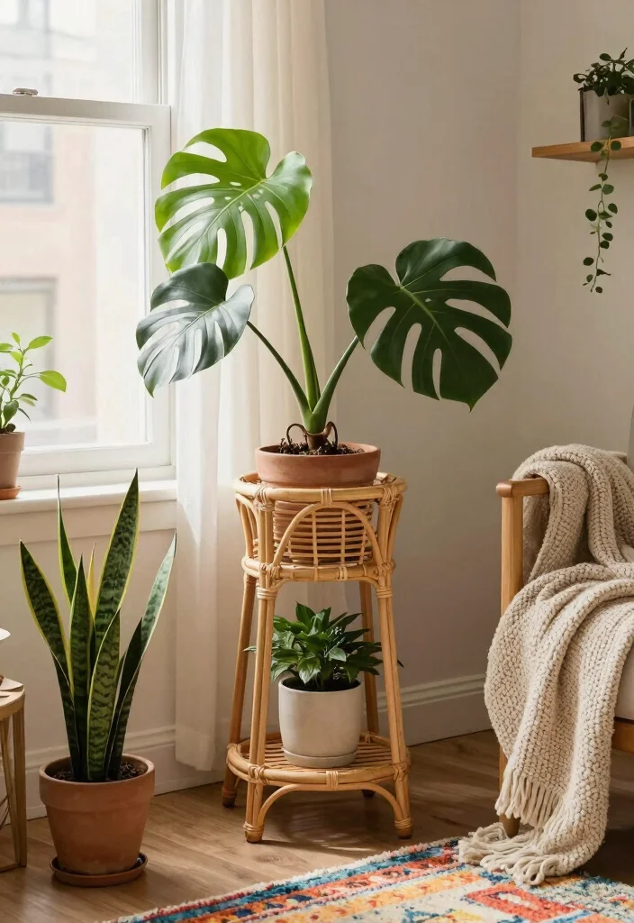 14 Corner Plant Stand Ideas That Fill Dead Space in Tight Rooms - 9. Rattan Plant Stand 1