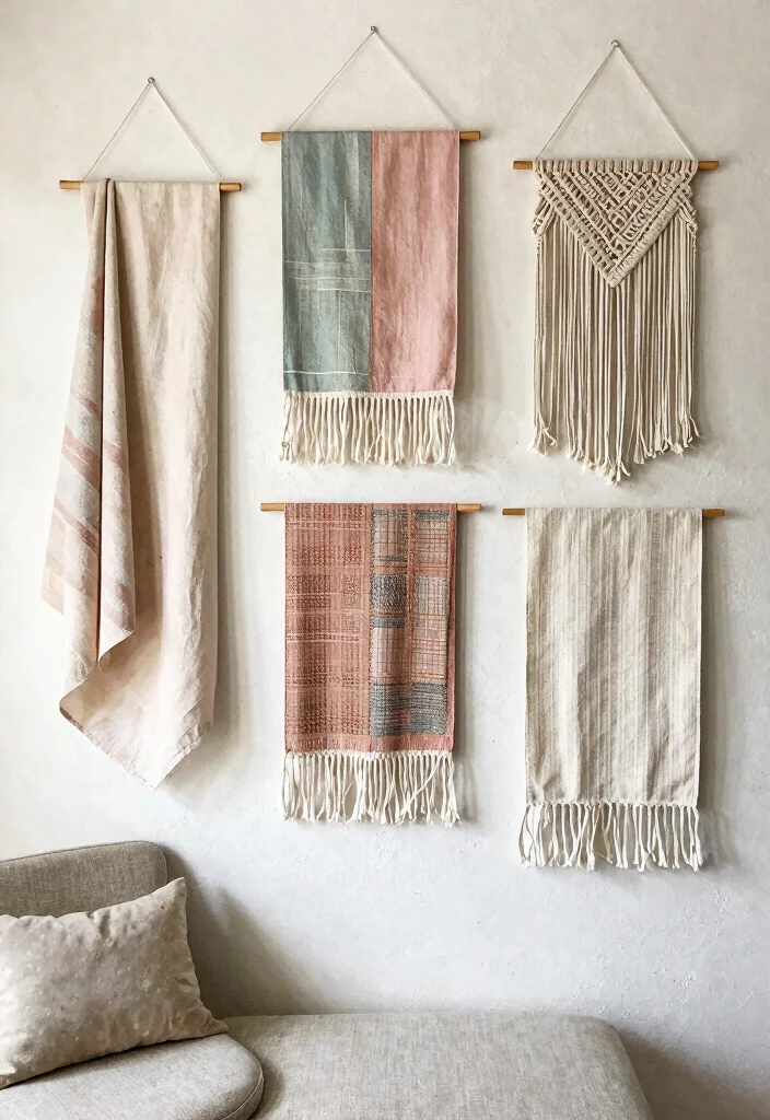 14 Farmhouse Wall Art Ideas That Fill Big Blank Walls on a Budget - 9. Fabric Wall Hangings 1