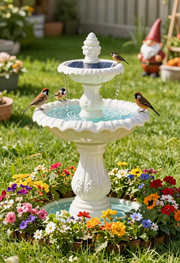 14 Front Yard Fountain Ideas That Run Without a Buried Water Line - 1. Solar-Powered Birdbath Fountain 1