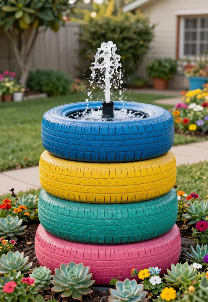 14 Front Yard Fountain Ideas That Run Without a Buried Water Line - 13. Upcycled Tire Fountain 1
