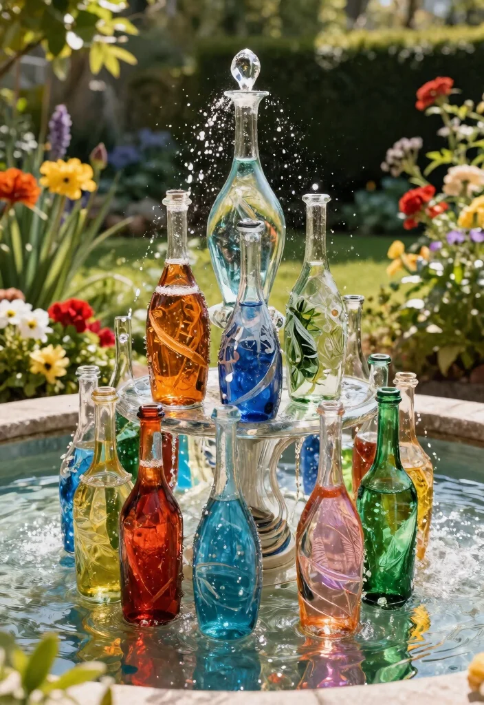 14 Front Yard Fountain Ideas That Run Without a Buried Water Line - 14. Elegant Glass Bottle Fountain 1