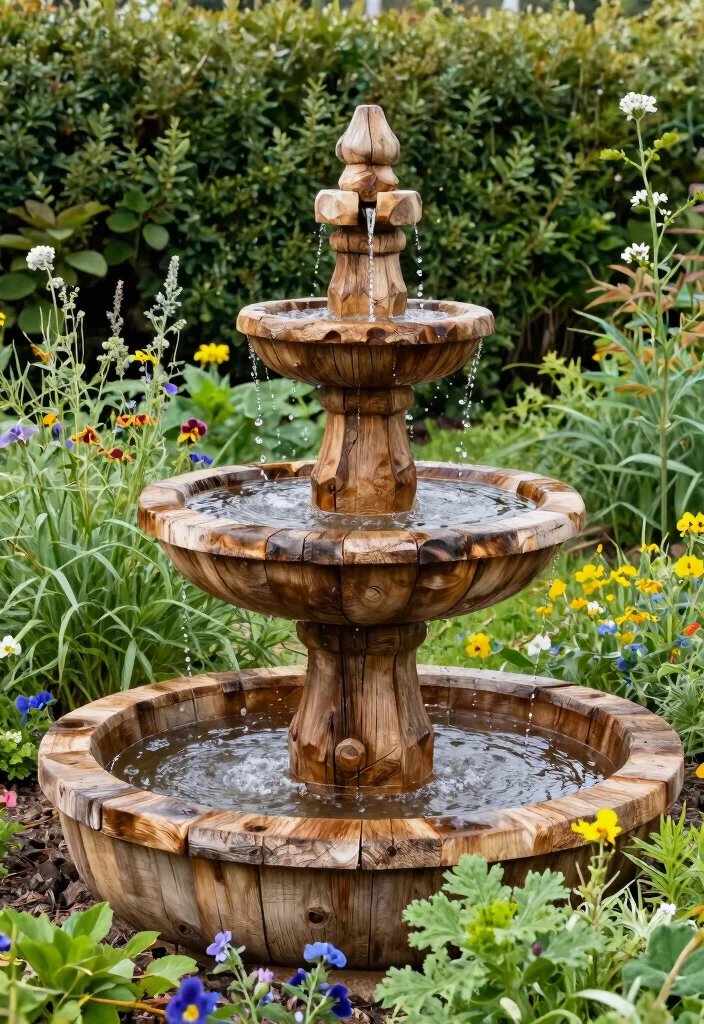 14 Front Yard Fountain Ideas That Run Without a Buried Water Line - 4. Rustic Wooden Fountain 1