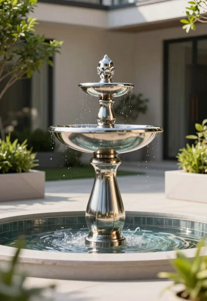 14 Front Yard Fountain Ideas That Run Without a Buried Water Line - 7. Stainless Steel Fountain 1