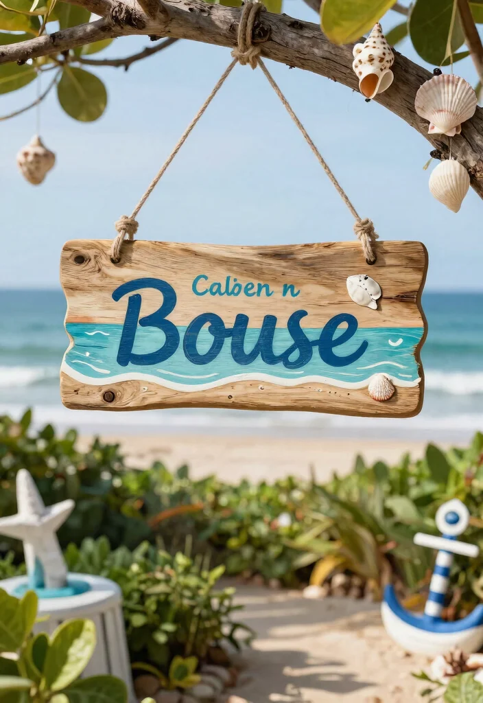 14 House Name Plate Design Outdoor Ideas That Survive Any Weather - 9. Fun Beach-Inspired Signs for Coastal Homes 1