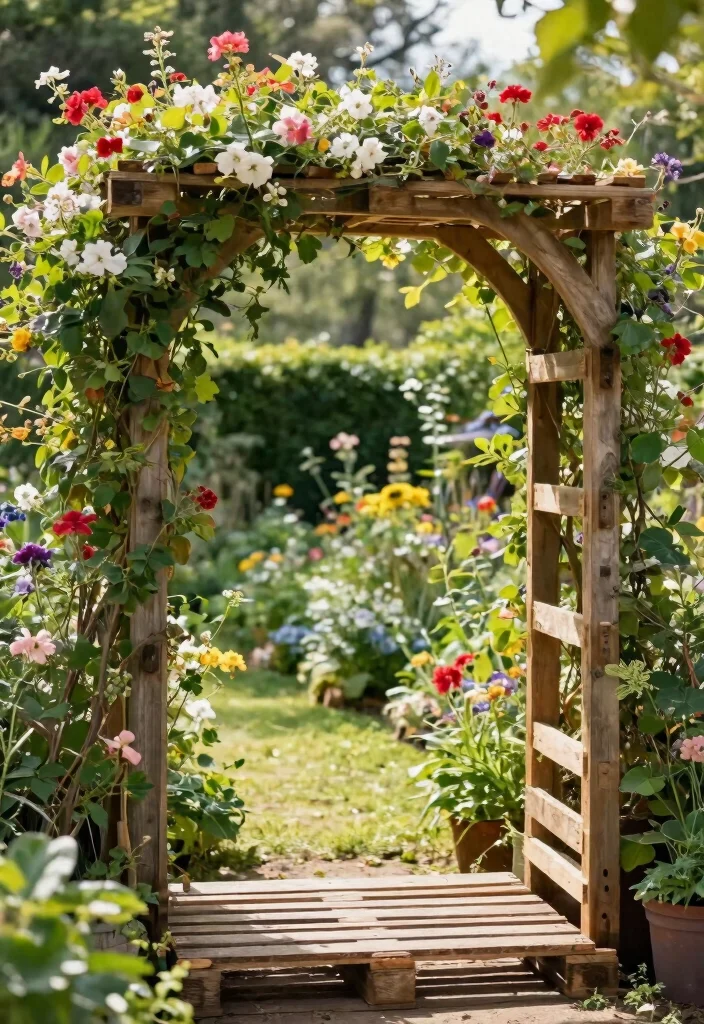 15 Backyard Pallet Ideas on a Budget That Look Expensive - 14. Pallet Garden Arch 1