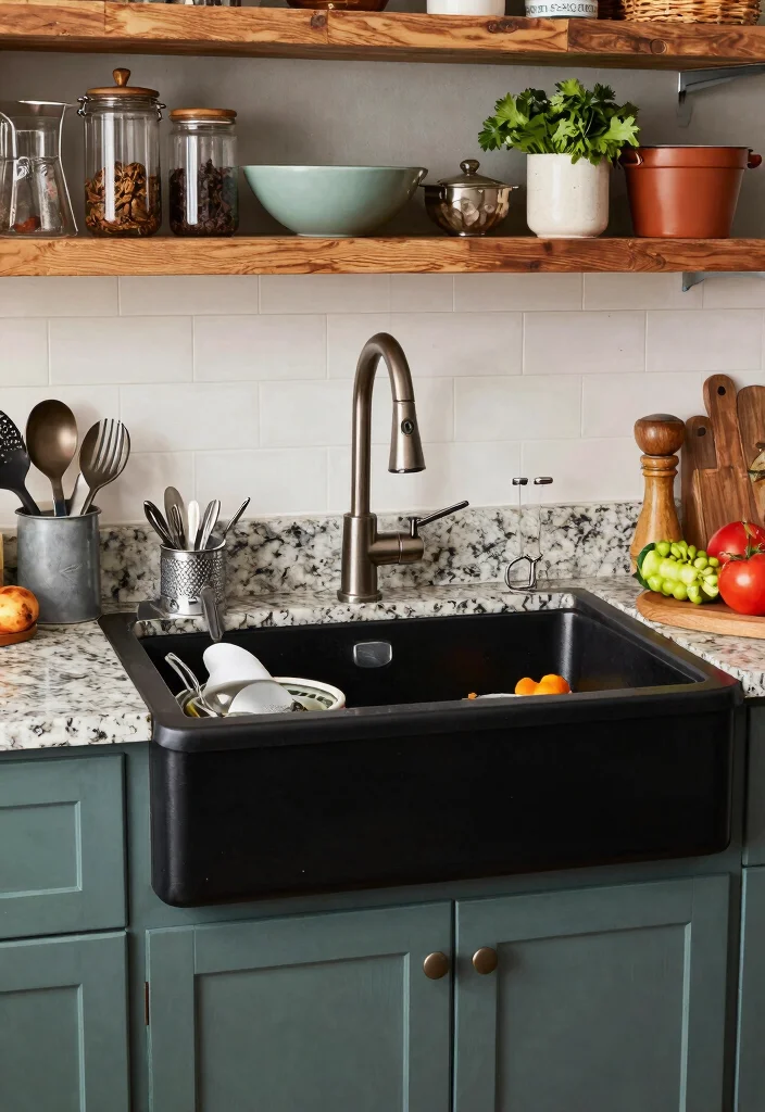 15 Black Farmhouse Sink Ideas That Don't Show Every Water Spot - 11. Mixed Materials for Interest 1