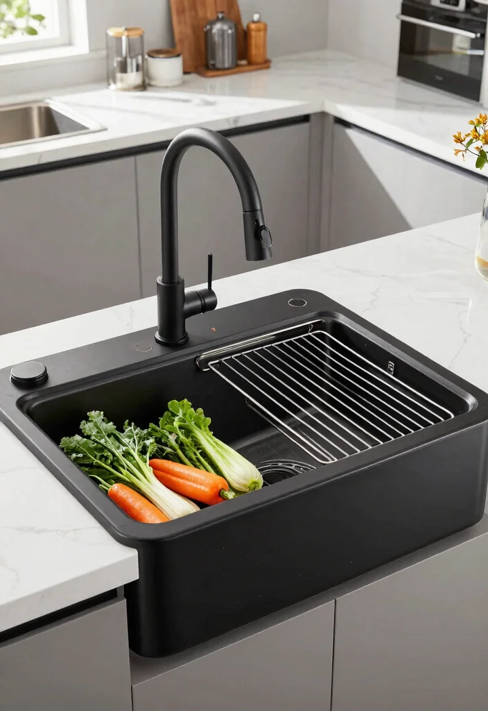 15 Black Farmhouse Sink Ideas That Don't Show Every Water Spot - 13. Farmhouse Sink with Built-in Drying Rack 1