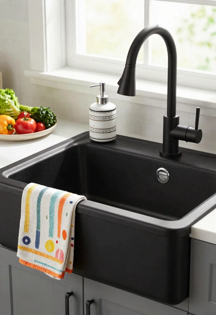 15 Black Farmhouse Sink Ideas That Don't Show Every Water Spot - 14. Stylish Accessories for Black Sinks 1