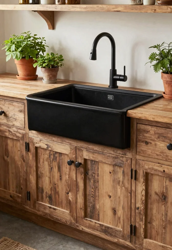 15 Black Farmhouse Sink Ideas That Don't Show Every Water Spot - 7. Rustic Reclaimed Wood Accents 1