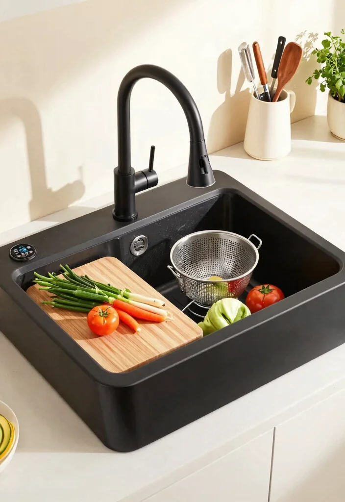15 Black Farmhouse Sink Ideas That Don't Show Every Water Spot - 8. Smart and Functional Accessories 1