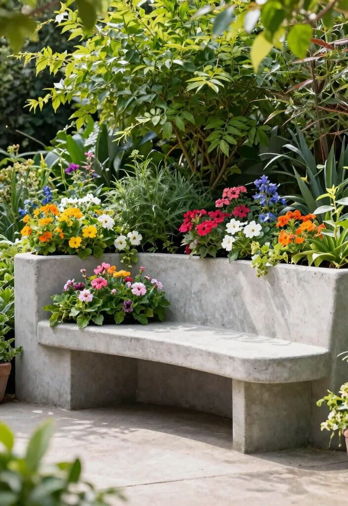 15 Concrete Bench Outdoor Ideas That Weather Any Storm - 3. Greenery-Integrated Bench 1