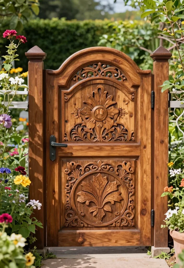 15 Farm Fence Gate Ideas on a Budget That Keep Animals In - 12. Engraved Wooden Gate 1