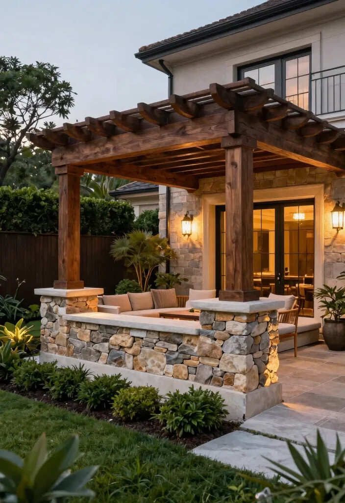 15 Pergola Attached to House Ideas That Don't Damage Siding - 10. Customized Stone Pergola Base 1