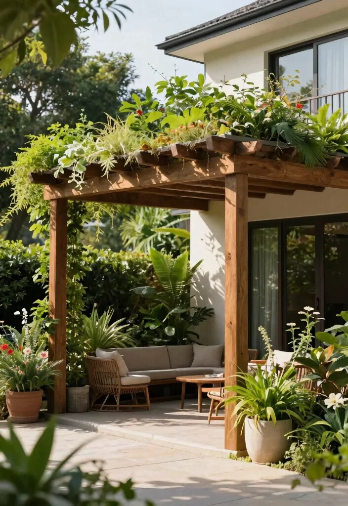 15 Pergola Attached to House Ideas That Don't Damage Siding - 11. Green Roof Pergola 1