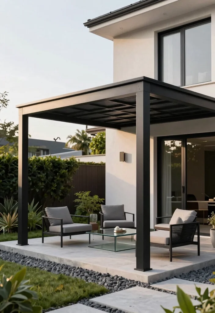 15 Pergola Attached to House Ideas That Don't Damage Siding - 2. Modern Metal Pergola 1