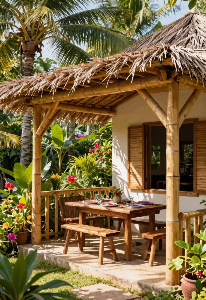 15 Pergola Attached to House Ideas That Don't Damage Siding - 3. Eco-Friendly Bamboo Pergola 1