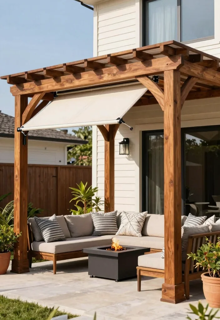 15 Pergola Attached to House Ideas That Don't Damage Siding - 4. Retractable Canopy Pergola 1