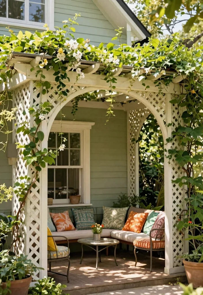 15 Pergola Attached to House Ideas That Don't Damage Siding - 5. Lattice Pergola 1