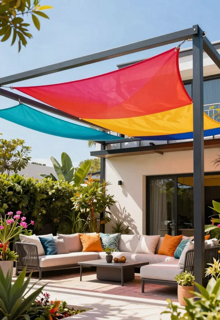 15 Pergola Attached to House Ideas That Don't Damage Siding - 9. Shade Sail Pergola 1