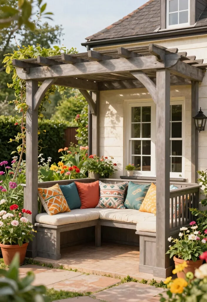 15 Pergola Ideas Attached to House That Add Shade Without a Full Rebuild - 13. Pergola with Built-In Seating 1
