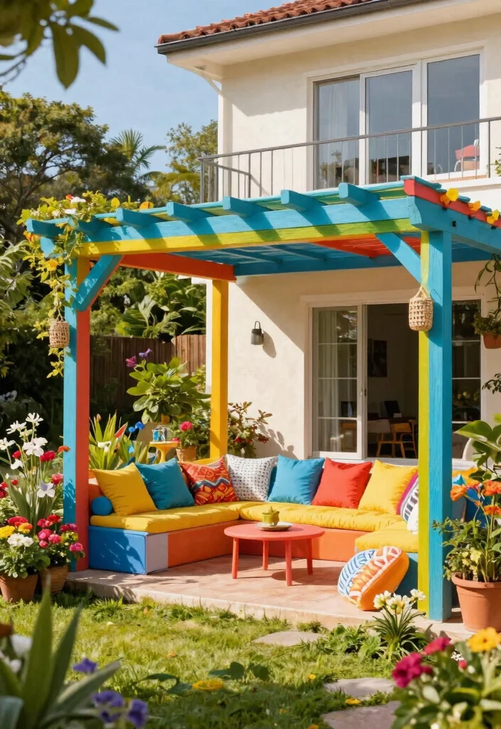 15 Pergola Ideas Attached to House That Add Shade Without a Full Rebuild - 15. Colorful Painted Pergola 1