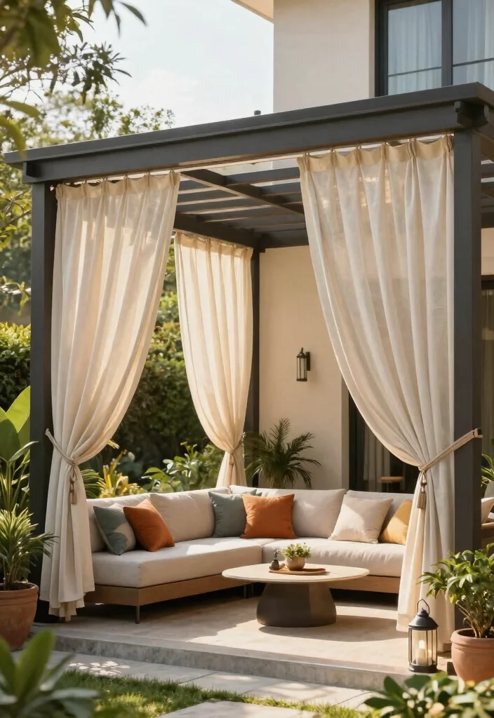 15 Pergola Ideas Attached to House That Add Shade Without a Full Rebuild - 6. Pergola with Outdoor Curtains 1