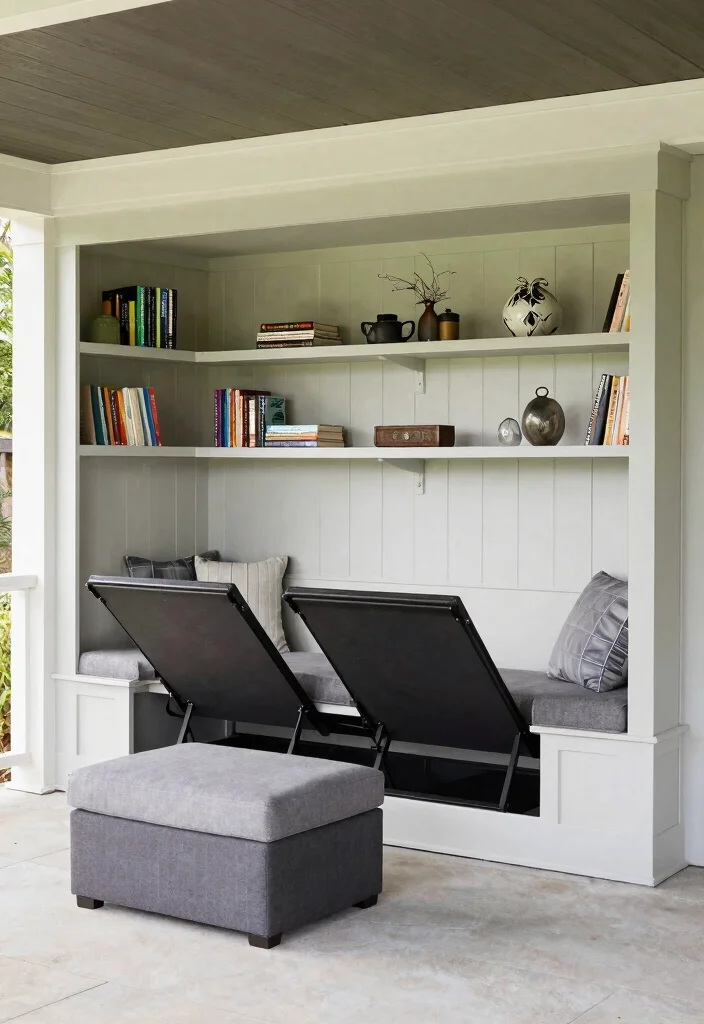 15 Screened In Porch Decorating Ideas That Feel Like a Real Room - 11. Use Built-In Storage 1